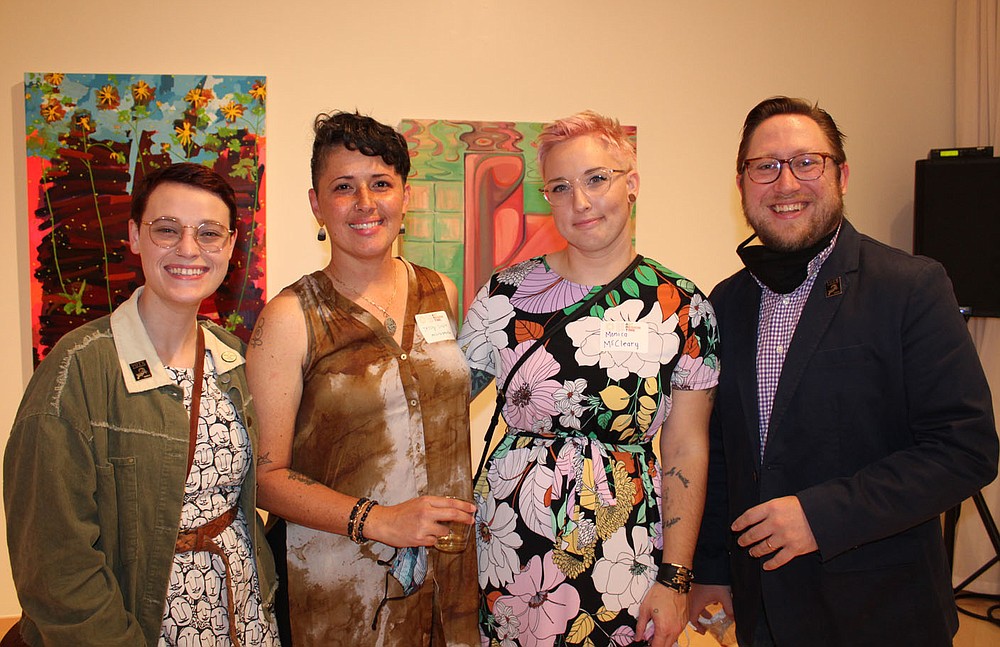 Courtney Ulrich Smith (from left), Jessy Duque and Monica McCleary and Dom Smith enjoy the regional art exhibition opening.
(NWA Democrat-Gazette/Carin Schoppmeyer)