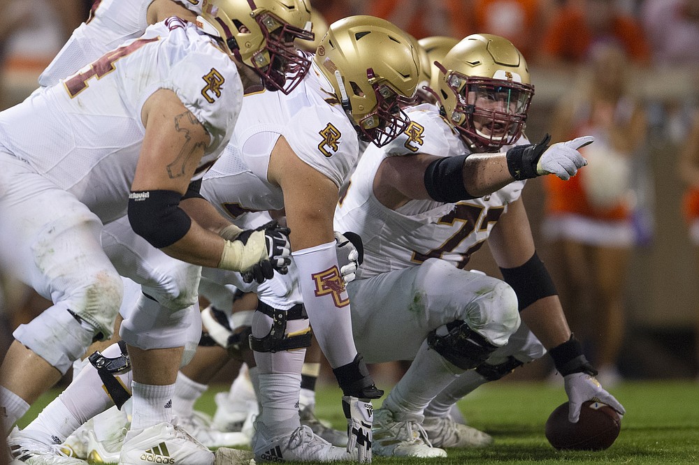 Boston College offensive lineman Alec Lindstrom (72) points out the defense during the second half of an NCAA college football game against Clemson Saturday, Oct.2, 2021, in Clemson, S.C. (AP Photo/Hakim Wright Sr.)