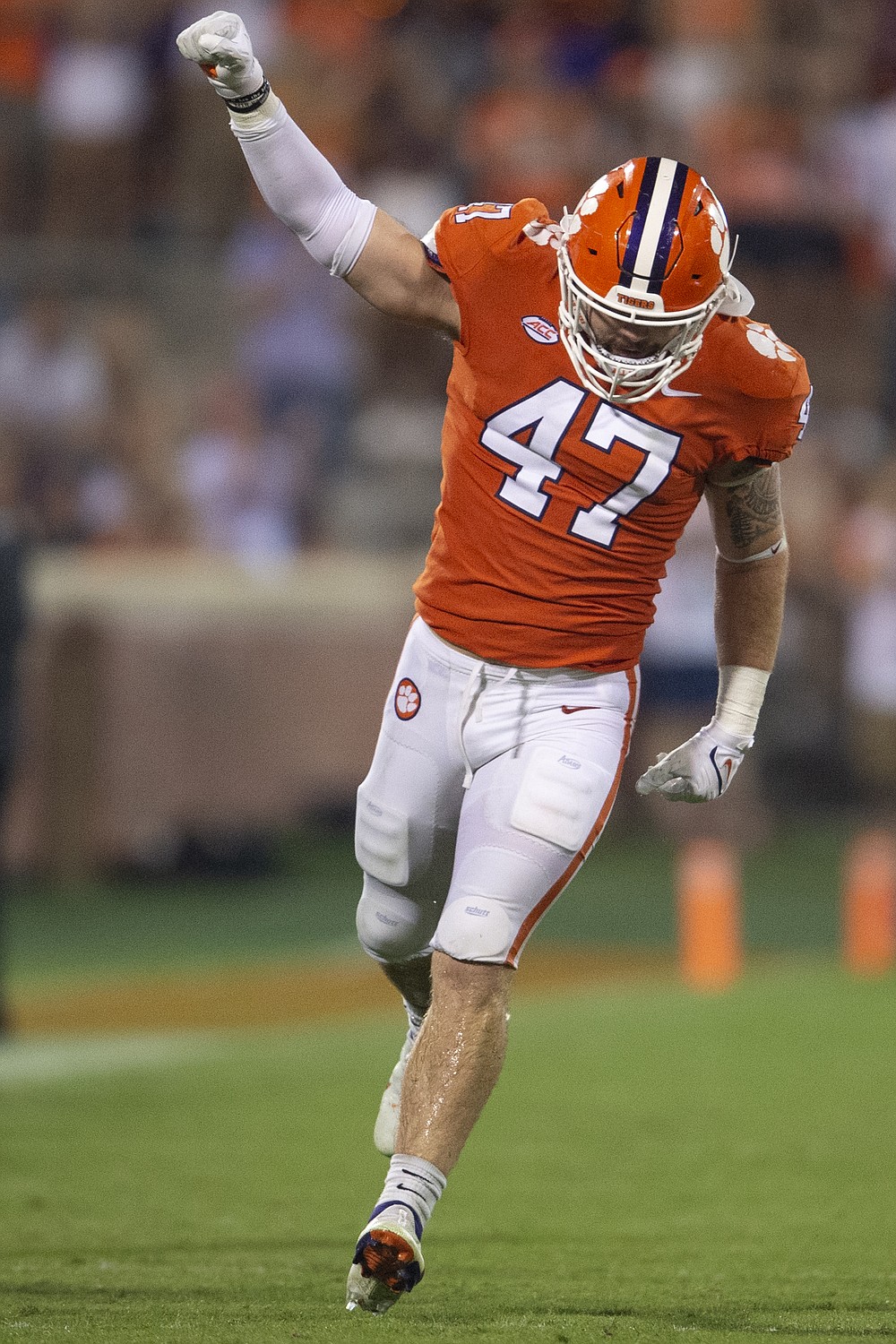 Clemson linebacker James Skalski (47) celebrates after breaking up a pass play during the second half of an NCAA college football game against Boston College Saturday, Oct. 2, 2021, in Clemson, S.C. (AP Photo/Hakim Wright Sr.)
