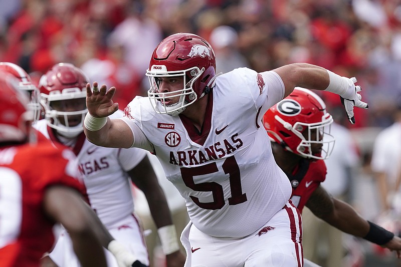 Arkansas offensive lineman Ricky Stromberg (51) is shown in action during the first half of an NCAA college football game agains t Georgia Saturday, Oct. 2, 2021, in Athens, Ga. (AP Photo/John Bazemore)