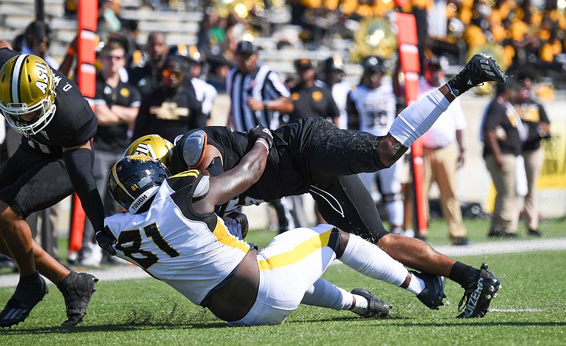 UAPB tight end Rashad Beecham (81) makes a tackle after a fumble against Alabama State on Saturday, October 9, 2021. (Special to The Commercial/Brian Tannehill)