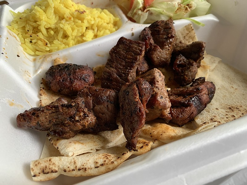 The Lamb Shish Kebab from Kebab House in west Little Rock was well-grilled and mostly tender. (Arkansas Democrat-Gazette/Eric E. Harrison)