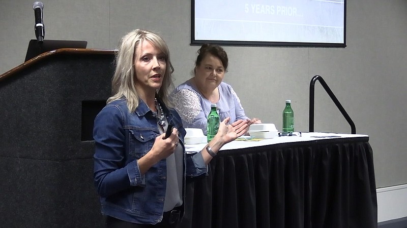 Visit Casper CEO Brook Kaufman, left, gives a presentation to officials about how to prepare for the 2024 eclipse. - Photo by Tyler Wann of The Sentinel-Record