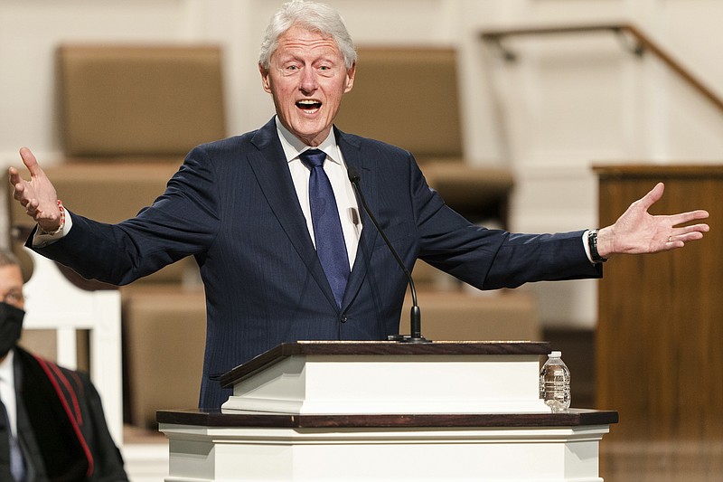 FILE - In this Jan. 27, 2021, file photo, former President Bill Clinton speaks during funeral services for Henry &quot;Hank&quot; Aaron, at Friendship Baptist Church in Atlanta. (Kevin D. Liles/Atlanta Braves via AP, Pool, File)