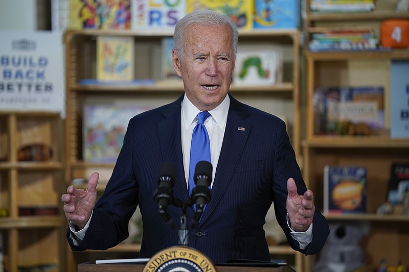 President Joe Biden speaks during a visit to the Capitol Child Development Center, Friday, Oct. 15, 2021, in Hartford, Conn. (AP Photo/Evan Vucci)