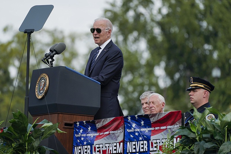 President Joe Biden speaks during a ceremony, honoring fallen law enforcement officers at the 40th annual National Peace Officers' Memorial Service at the U.S. Capitol in Washington, Saturday, Oct. 16, 2021. (AP Photo/Manuel Balce Ceneta)