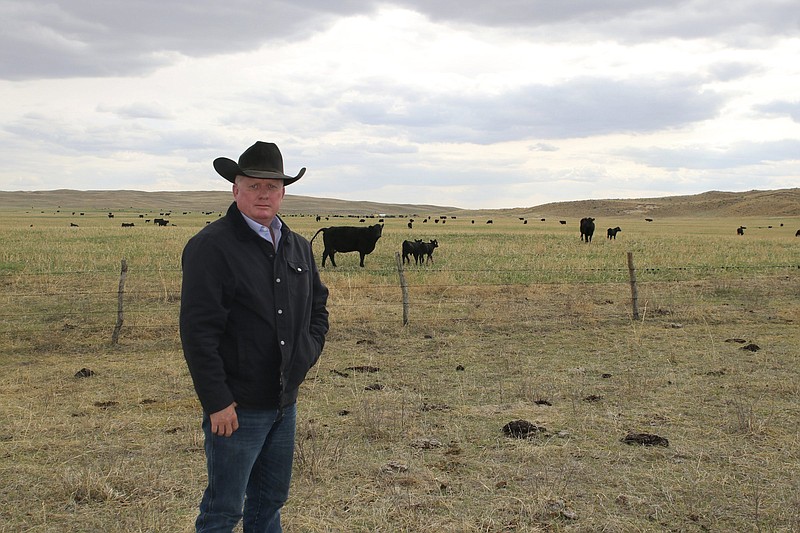 Rancher Rusty Kemp poses near grazing cattle on his Pioneer Ranch in this undated photo northwest of Tryon, Neb. Kemp has led an effort to raise more than $300 million from ranchers to build a processing plant for themselves, putting their future in their own hands. Crews will start work this fall building the Sustainable Beef plant on nearly 400 acres near North Platte, Nebraska, and other groups are making similar surprising moves in Iowa, Idaho and Wisconsin. (Todd von Kampen/The Telegraph via AP)