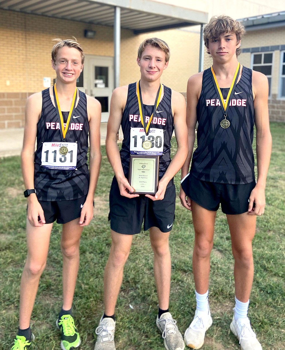 Senior Blackhawk boys cross country runners who won individual awards in the 1A-4A-5A Prairie Grove Invitational Tuesday, Oct. 12, were Tian Grant, first; Grandson Grant, third; and Troy Ferguson, ninth.