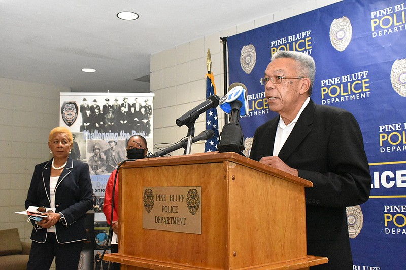 Pine Bluff interim Police Chief Lloyd Franklin Sr. updates media members on the Sunday morning shootings during a news conference at the Pine Bluff Police Department foyer on Monday. (Pine Bluff Commercial/I.C. Murrell)