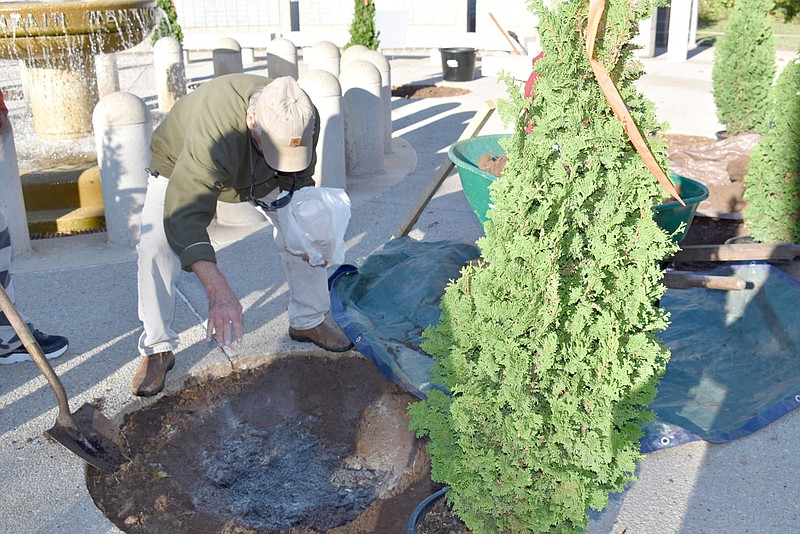 Rachel Dickerson/The Weekly Vista Tony LiCausi of the Bella Vista Garden Club sprinkles fertilizer in a hole before the planting of a tree at the Veterans Wall of Honor.