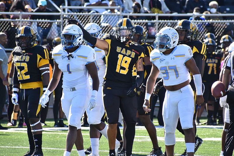 UAPB tight end Daryl Carter signals first down against Southern in Saturday's game at Simmons Bank Field. (Pine Bluff Commercial/I.C. Murrell)