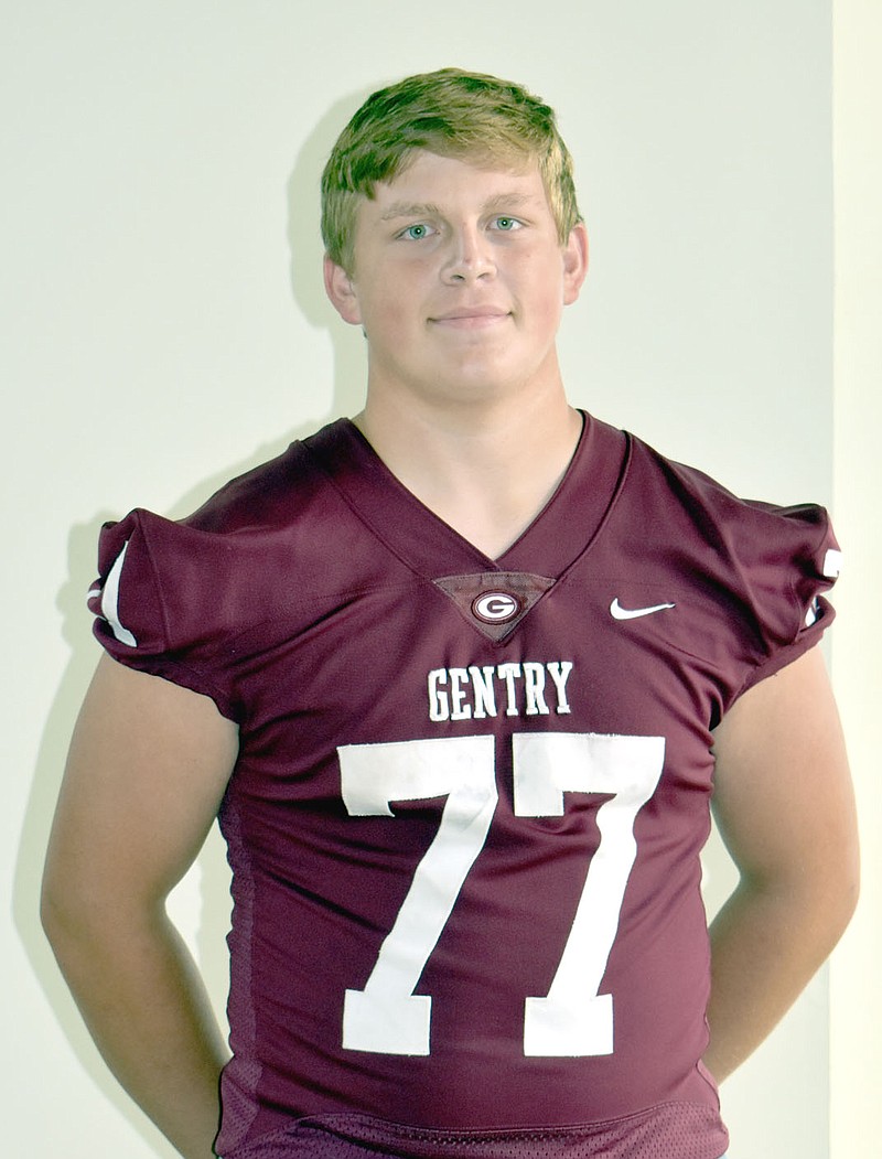 MARK HUMPHREY  ENTERPRISE-LEADER/Gentry senior Lucas Guinn (6-0, 255) has made plays on both sides of the ball this season. Lucas' interception off a tipped pass preserved a 40-35 nonconference win over Lamar. He's also a three-year starter on the Gentry offensive line. The Pioneers tangle with Prairie Grove to decide second place in the 4A-1 football standings Friday. Kickoff is at 7 p.m. at Tiger Den Stadium.