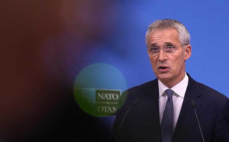NATO Secretary General Jens Stoltenberg speaks during a media conference at NATO headquarters in Brussels, Wednesday, Oct. 20, 2021. (AP Photo/Virginia Mayo)
