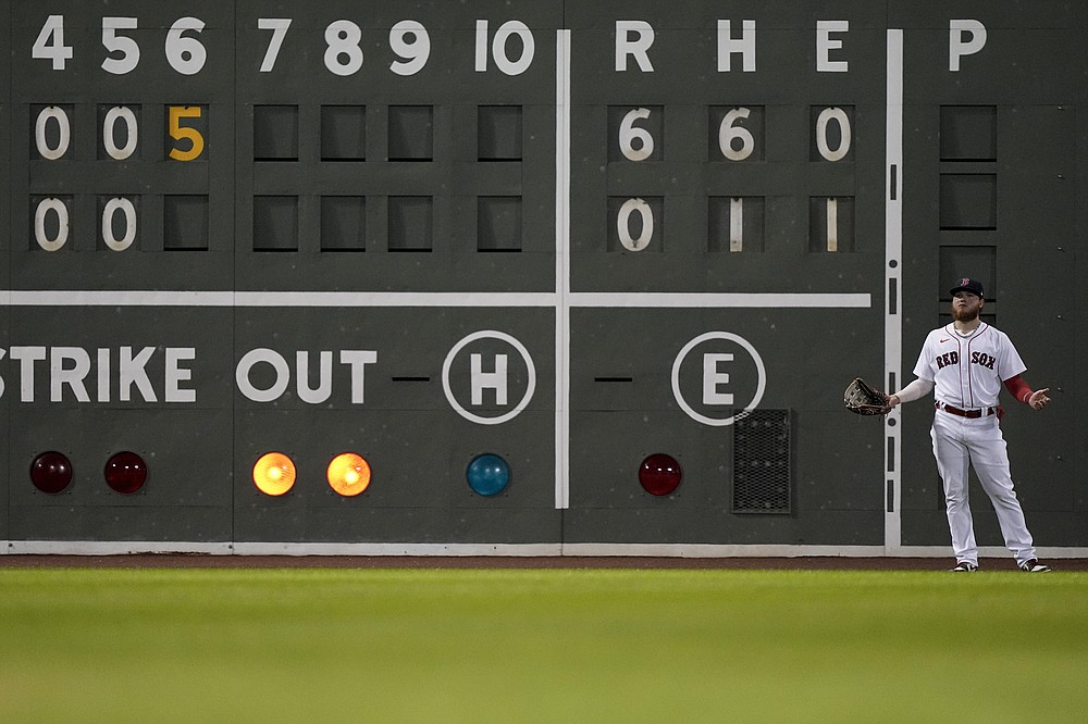 Boston Red Sox left fielder Alex Verdugo reacts during the sixth inning against the Houston Astros Game 5 of baseball's American League Championship Series Wednesday, Oct. 20, 2021, in Boston. (AP Photo/David J. Phillip)