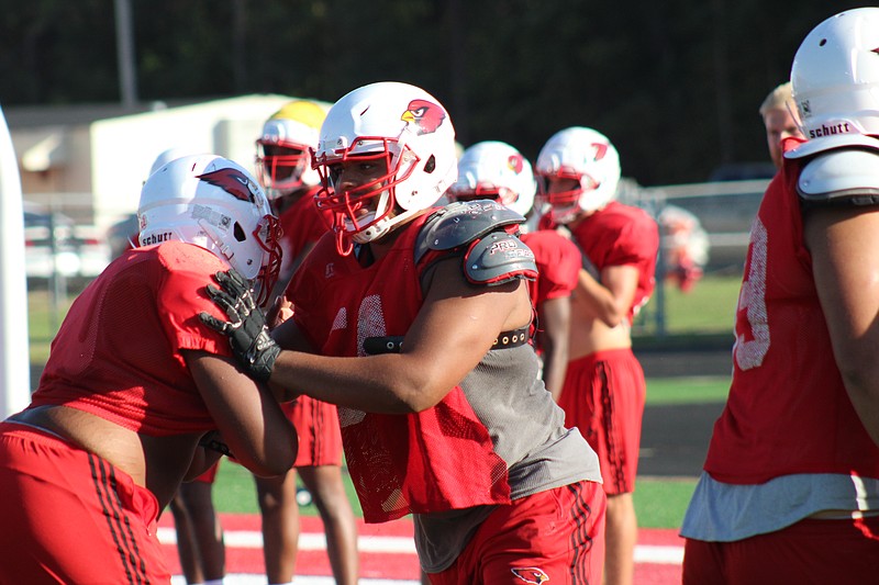 Photo By: Michael Hanich
Camden Fairview offensive lineman Timothy Dawn in a practice block