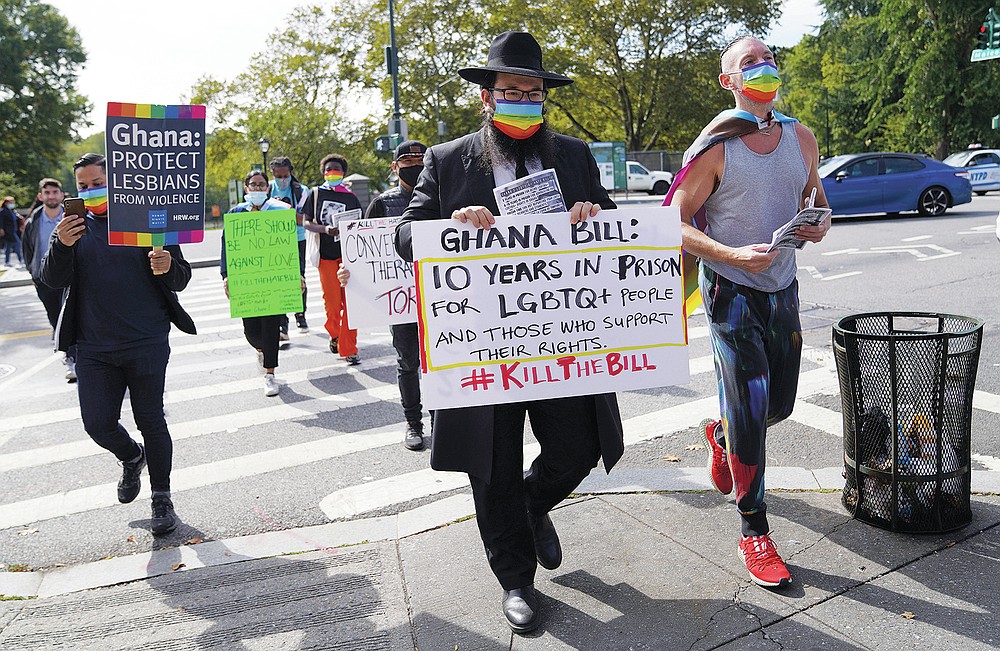 Rabbi Mike Moskowitz attends a rally against a controversial bill being proposed in Ghana's parliament that would make identifying as LGBTQIA or an ally a criminal offense punishable by up to 10 years in prison, in the Harlem neighborhood of New York on Monday, Oct 11, 2021. Moskowitz and other religious leaders at the rally spoke out against the bill, which has received strong support from many of the country's most influential clergy. (AP Photo/Emily Leshner)