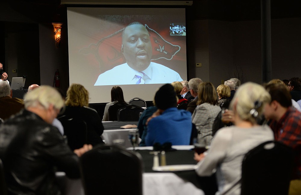 Anthony Bland, a Democratic candidate for Arkansas governor, speaks remotely via video link Friday, Oct. 22, 2021, during a candidate forum hosted by the Northwest Arkansas Political Animals at Mermaids restaurant in Fayetteville. The forum featured each Democratic candidate for Arkansas governor except Supha Xayprasith-Mays, who was invited but did not attend. Visit nwaonline.com/211023Daily/ for today's photo gallery.
(NWA Democrat-Gazette/Andy Shupe)