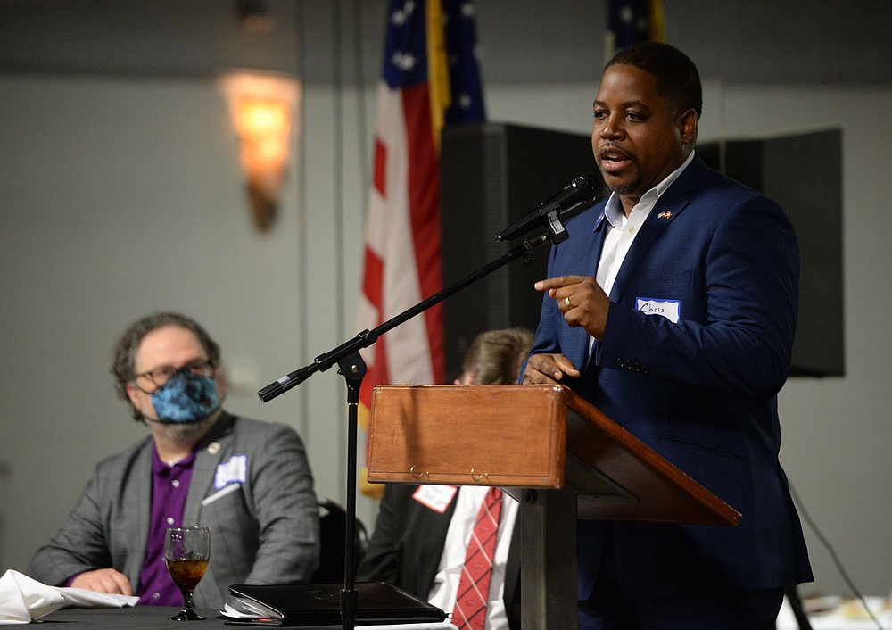 Chris Jones (right) and James “Rus” Russell, two of the Democratic candidates for Arkansas governor, speak Friday, Oct. 22, 2021, during a candidate forum that also featured candidate Anthony Bland and was hosted by the Northwest Arkansas Political Animals at Mermaids restaurant in Fayetteville. The forum featured each Democratic candidate for Arkansas governor except Supha Xayprasith-Mays, who was invited but did not attend. Visit nwaonline.com/211023Daily/ for today's photo gallery.
(NWA Democrat-Gazette/Andy Shupe)