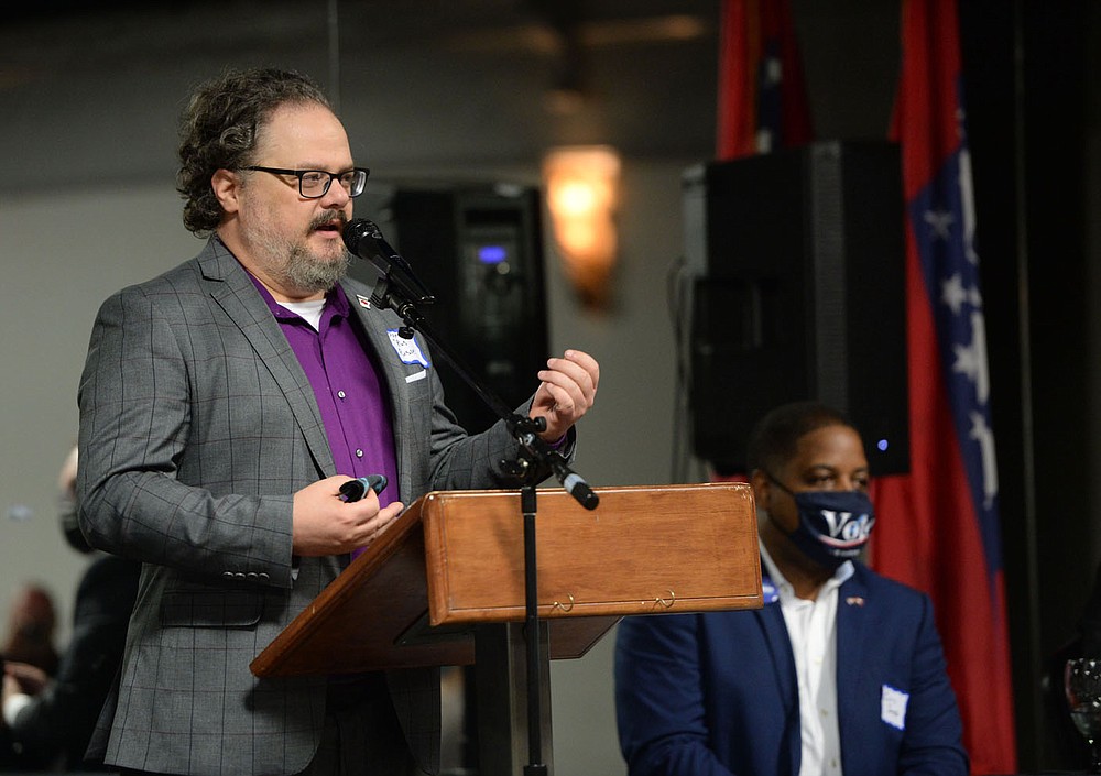 James “Rus” Russell, (left) and Chris Jones (right), two of the Democratic candidates for Arkansas governor, speak Friday, Oct. 22, 2021, during a candidate forum that also featured candidate Anthony Bland and was hosted by the Northwest Arkansas Political Animals at Mermaids restaurant in Fayetteville. The forum featured each Democratic candidate for Arkansas governor except Supha Xayprasith-Mays, who was invited but did not attend. Visit nwaonline.com/211023Daily/ for today's photo gallery.
(NWA Democrat-Gazette/Andy Shupe)