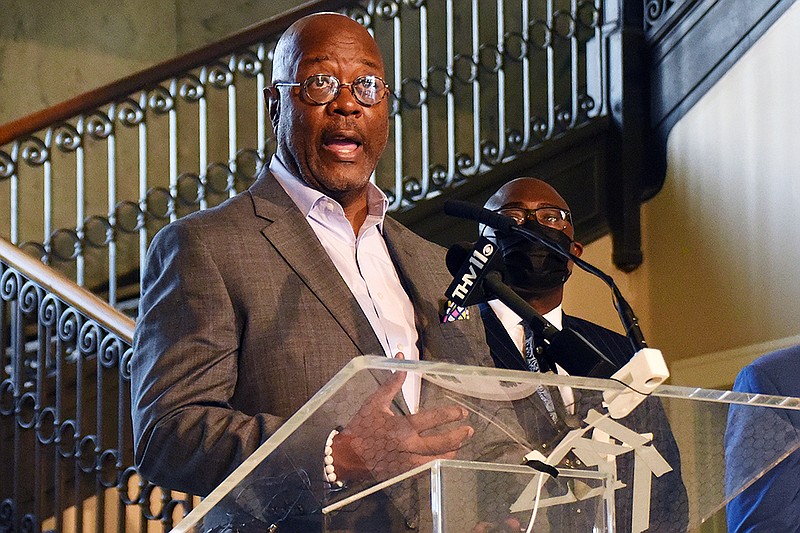 Police Chief Keith Humphrey speaks during a press conference addressing violent crime in Little Rock on Wednesday at Little Rock City Hall.
(Arkansas Democrat-Gazette/Staci Vandagriff)