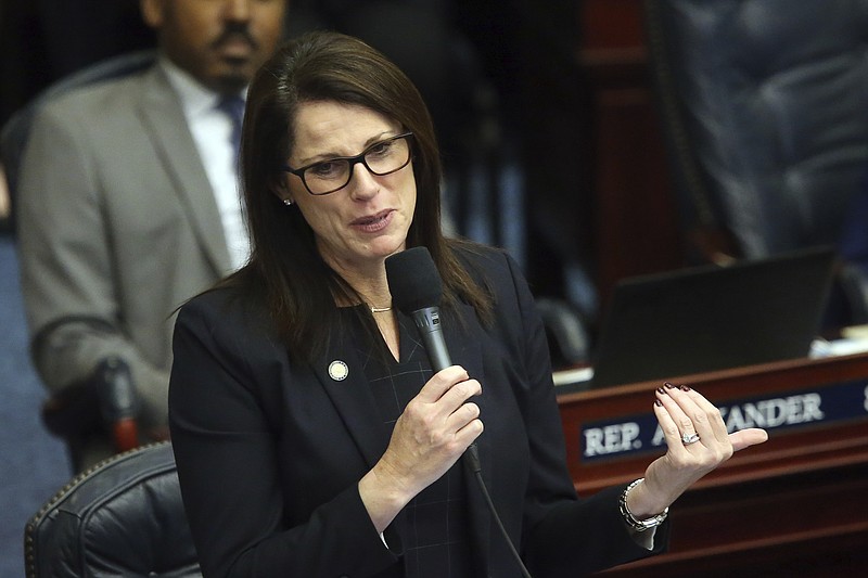 Rep. Tina Polsky, D-Boca Raton, debates during a session Tuesday March 10, 2020, in Tallahassee, Fla. Florida's top health official was asked to leave a meeting after refusing to wear a mask at the office of the state senator who told him she had a serious medical condition, officials have confirmed. Florida Senate leader Wilton Simpson, a Republican, sent a memo to senators Saturday, Oct. 23, 2021 regarding the incident at the office of Democratic state Sen. Tina Polsky, asking visitors at the building to be respectful with social interactions. Polsky, who represents parts of Broward and Palm Beach counties, had not yet made public her breast cancer diagnosis. (AP Photo/Steve Cannon)