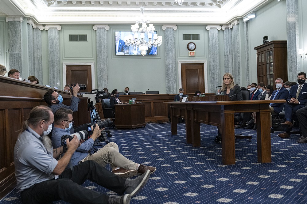 FILE – In this Oct. 5, 2021, file photo, former Facebook data scientist Frances Haugen speaks during a hearing of the Senate Commerce, Science, and Transportation Subcommittee on Consumer Protection, Product Safety, and Data Security, on Capitol Hill, in Washington. From complaints whistleblower Haugen has filed with the SEC, along with redacted internal documents obtained by The Associated Press, the picture of the mighty Facebook that emerges is of a troubled, internally conflicted company, where data on the harms it causes is abundant, but solutions are halting at best. (AP Photo/Alex Brandon, File)