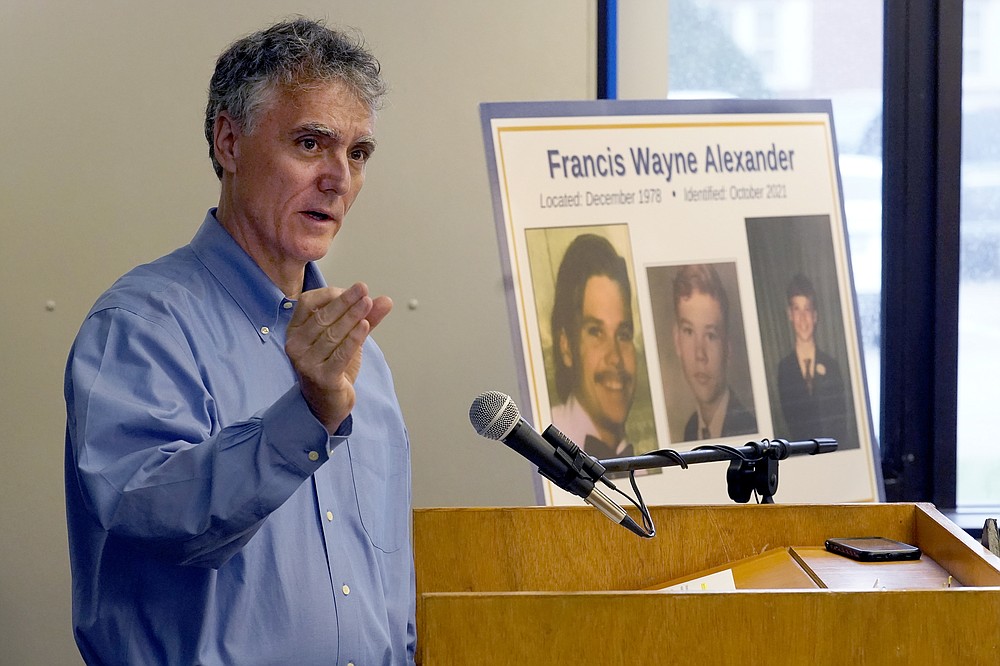 Cook County Sheriff Tom Dart answers a question after announcing the identity of "Gacy Victim 5" as North Carolina native Francis Wayne Alexander during a news conference Monday, Oct. 25, 2021, in Maywood, Ill. Alexander's body was among 26 discovered by police in the crawl space of John Wayne Gacy's home more than 40 years ago, with three more found outside the house and four others found in waterways that Gacy admitted killing. Police were able to identify 25 of the victims but the final eight, Alexander among them, were buried without having ever been identified. (AP Photo/Charles Rex Arbogast)