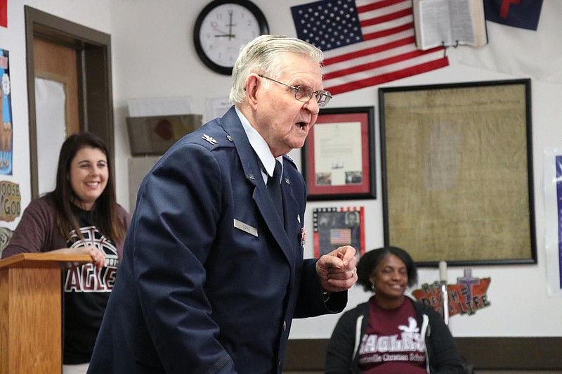 Colonel Francis "Frank" Long, U.S. Air Force, Retired and member of the Northwest Arkansas Chapter of the Military Officers Association of America spoke to approximately 50 third, fourth, and fifth grade assembled classes about the American flag and its history at Fayetteville Christian School October 21. Colonel Long is one of the volunteer presenters who go in to classes in schools throughout Northwest Arkansas to teach young people the nature and history of the flag. Information: (479) 799-5639 or email davidderophillips@gmail.com.
Courtesy Photo