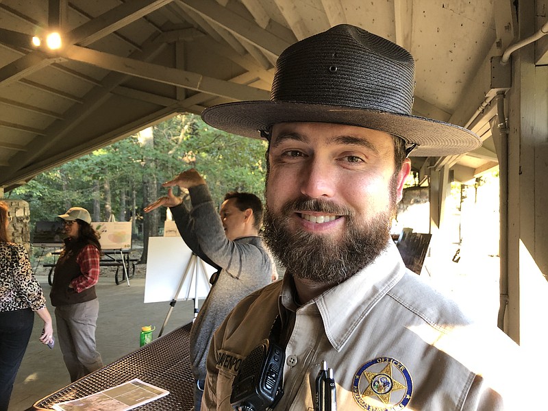 Cale Davenport, assistant superintendant at Pinnacle Mountain State Park, says the site, maps and exhibits planned for a new $8.7 million visitor center unveiled Oct. 19 will improve park safety. 
(Arkansas Democrat-Gazette/Celia Storey)