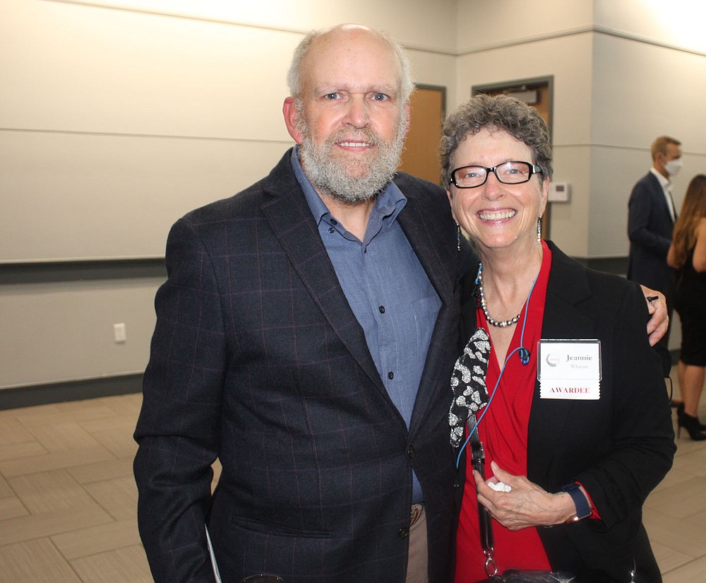 Faculty Teaching Award winners John Cook and Jeannie Whayne, Charles and Nadine Baum attend the alumni awards ceremony. (NWA Democrat-Gazette / Carin Schoppmeyer)
