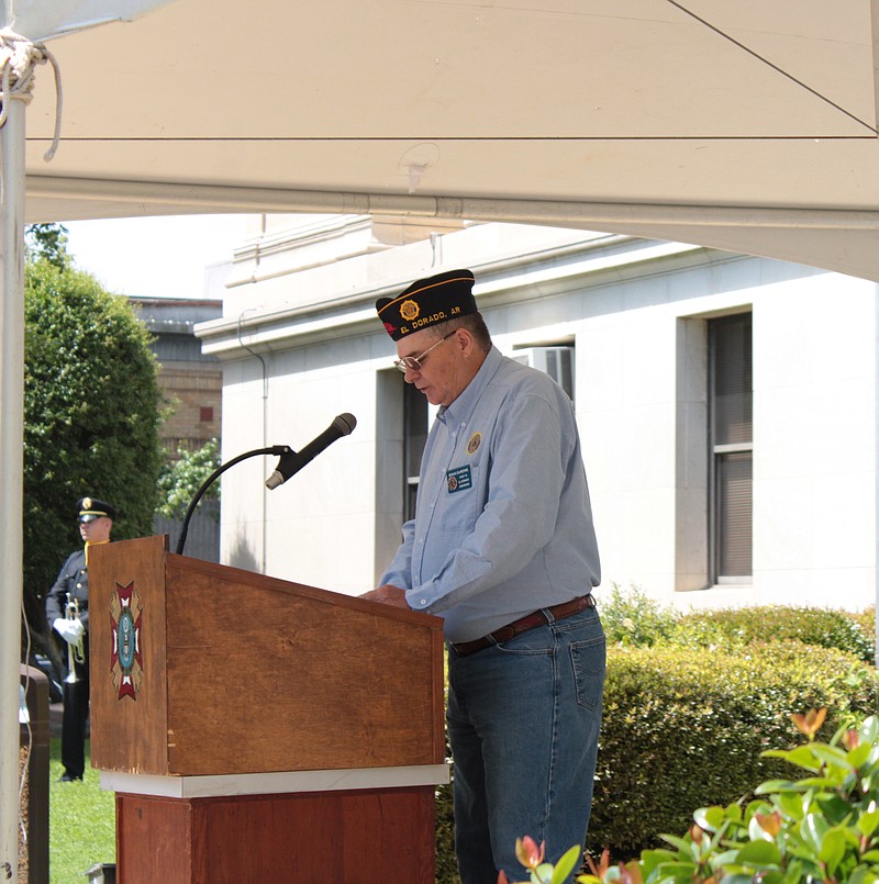 American Legion Post 10 Commander Brian Burdine speaks during a Memorial Day ceremony in May, 2021. Burdine's career in the military lasted more than 30 years and took him across the country and world. (News-Times file)