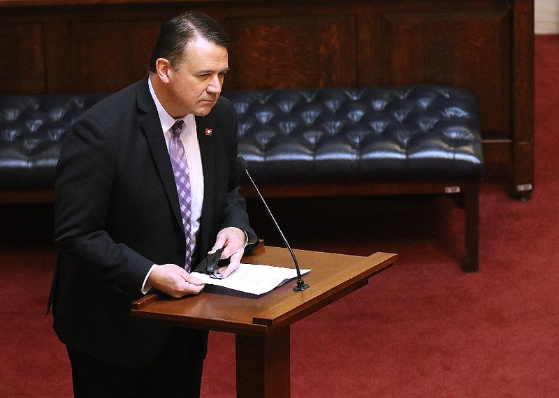 In this file photo Sen. Lance Eads, R-Springdale, presents HB1151, to suspend the public school rating system for the 2020-2021 school year, during the Senate Session on Thursday, Feb. 4, 2021, at the state Capitol in Little Rock.
(Arkansas Democrat-Gazette/Thomas Metthe)