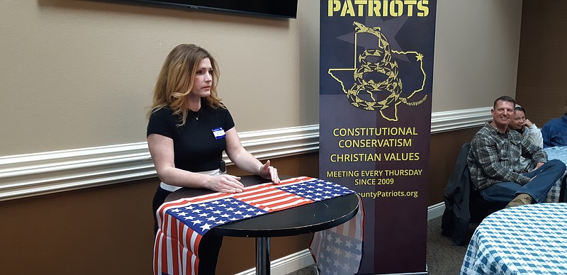 Heather Hobbs, regional coordinator for the John Birch Society, addressed Bowie County Patriots, addressing the group on the concept of Convention of States, a convening of state delegates to amend the Constitution of the United States. A lively discussion ensued as the gathered group discussed the concept as well as that of nullification, an individual state declaring the federal government has gone out of bounds in its constitutional authority, therefore the state does not recognize its authority on a particular matter. Staff photo by Junius Stone