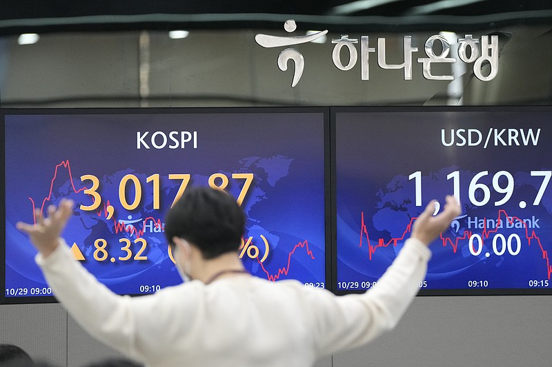 A currency trader gestures near the screens showing the Korea Composite Stock Price Index (KOSPI), left, and the foreign exchange rate between U.S. dollar and South Korean won at a foreign exchange dealing room in Seoul, South Korea, Friday, Oct. 29, 2021.  Asian shares slipped on Friday, despite recent signs of optimism about the global economy, including recent rallies on Wall Street.(AP Photo/Lee Jin-man)