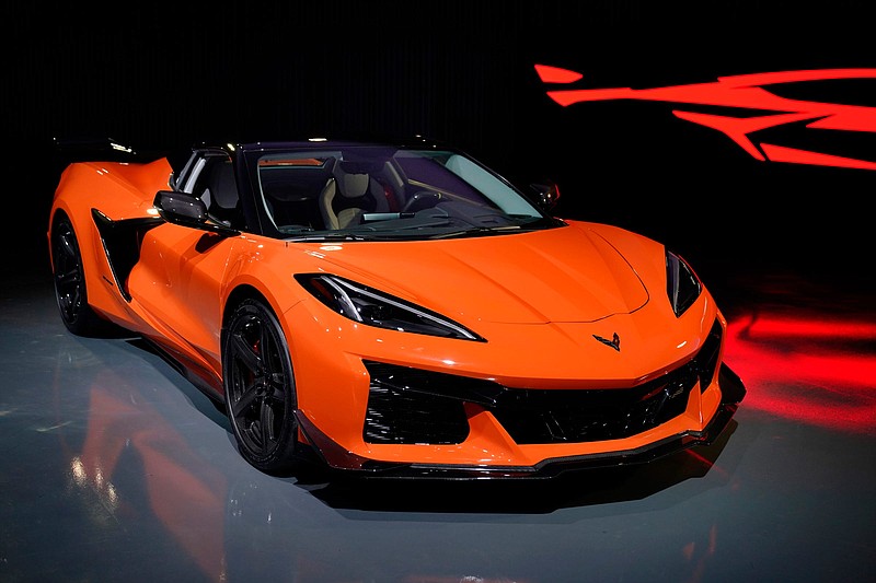 The new 2023 Corvette Z06 with the Z07 performance package was on display at the GM Tech Center in Warren, Michigan on Friday, Oct. 22, 2021. The bold proprietary color is called Amplify Orange. This version also features a retractable convertible roof. (Mandi Wright/Detroit Free Press/TNS)
