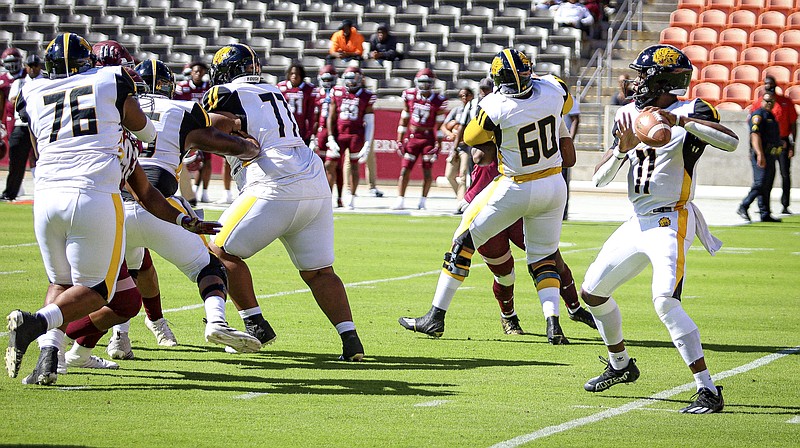 UAPB quarterback Skyler Perry drops back for a pass against Texas Southern on Saturday, Oct. 30, 2021, in Houston. (Special to The Commercial/UAPB Strategic Communications)