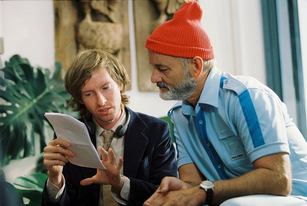 Wes Anderson talks with Bill Murray on the set of “The Life Aquatic With Steve Zissou.”