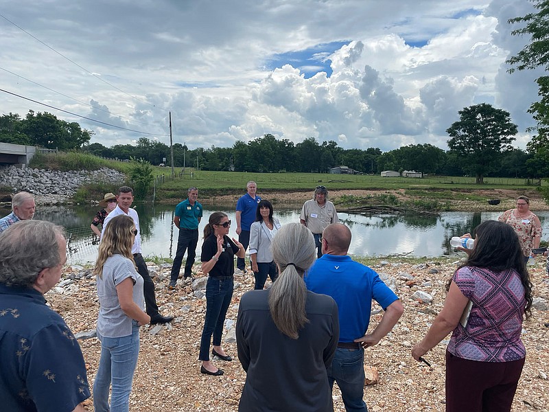 Photo submitted
Nicole Hardiman, former director of the Illinois River Watershed Partnership, speaks to a group of local officials during the partnership's stormwater action discussion on June 30. Hardiman was showing the stream bank erosion along Osage Creek near the partnership's headquarters in Cave Springs.