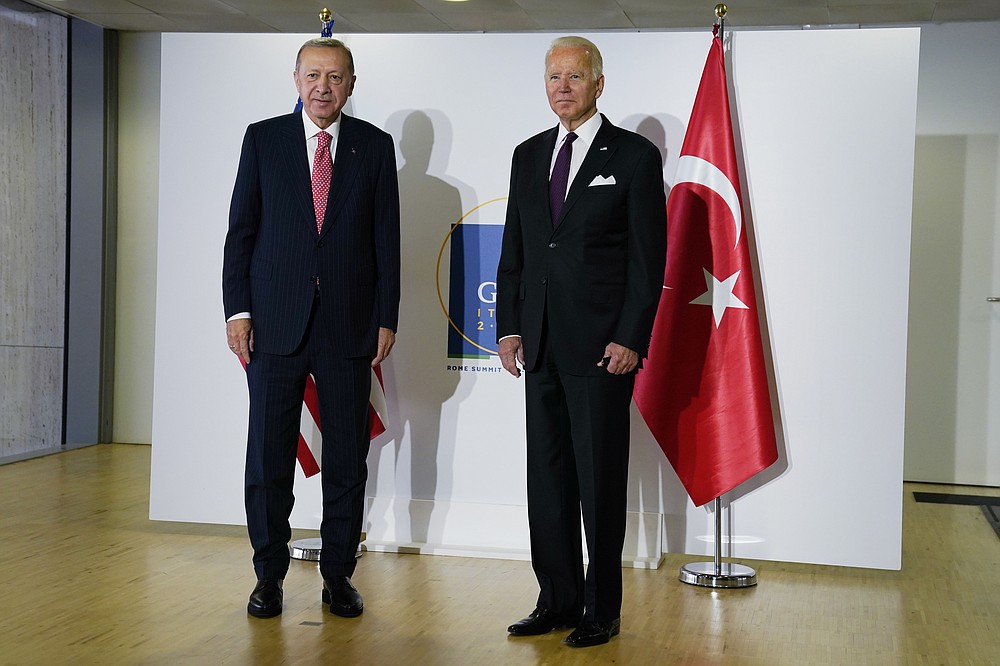 President Joe Biden meets with Turkish President Recep Tayyip Erdogan during the G20 leaders summit, Sunday, Oct. 31, 2021, in Rome. (AP Photo/Evan Vucci)