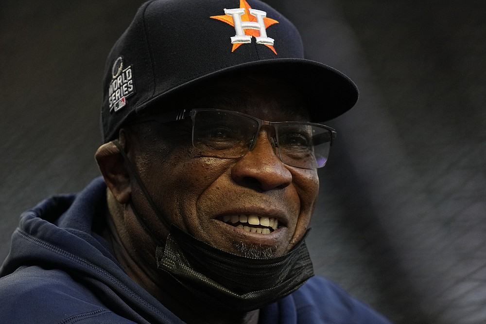 Houston Astros manager Dusty Baker Jr. watches batting practice before Game 5 of baseball's World Series between the Houston Astros and the Atlanta Braves Sunday, Oct. 31, 2021, in Atlanta. (AP Photo/Ashley Landis)