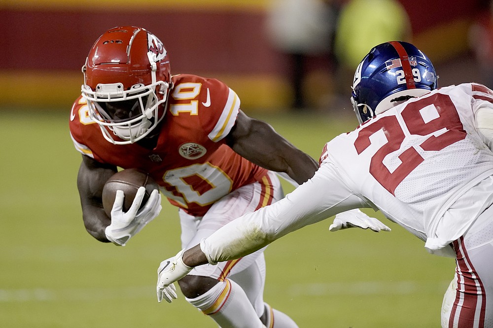 New York Giants wide receiver John Ross (12) comes onto the field for the  first half of an NFL football game against the Kansas City Chiefs, Monday,  Nov. 1, 2021 in Kansas