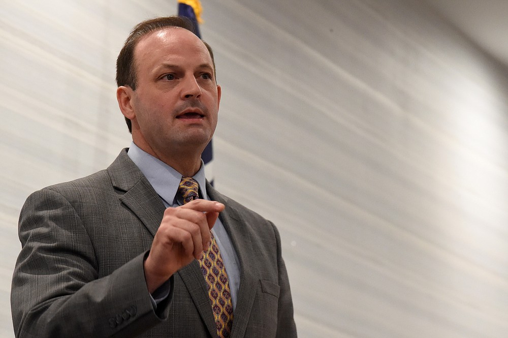 FILE - South Carolina Attorney General Alan Wilson speaks to attendees at the Richland County GOP convention on Friday, April 30, 2021, in Columbia, S.C. President Joe Biden’s plan to require vaccinations at all private employers of 100 workers or more has already hit a wall of opposition from Republican governors, state lawmakers and attorneys general. (AP Photo/Meg Kinnard, File)