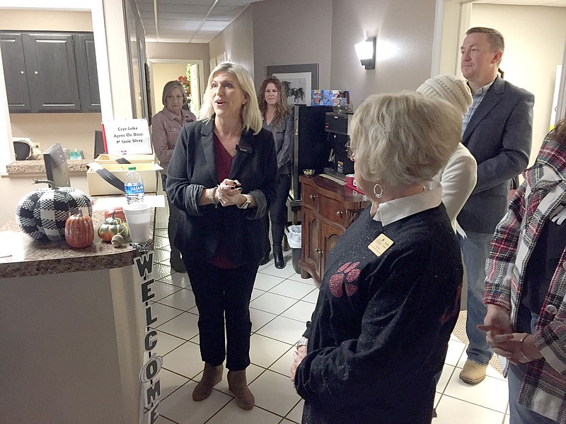 Graham Thomas/Siloam Sunday
Misti Stephens of Crye-Leike Real Estate speaks to the crowd at First Friday Coffee, which was hosted by Crye-Leike. The next First Friday Coffee &#x201a;&#xc4;&#xee; Siloam Springs Chamber of Commerce event &#x201a;&#xc4;&#xee; will be Dec. 3 at Occasions in downtown Siloam Springs.
