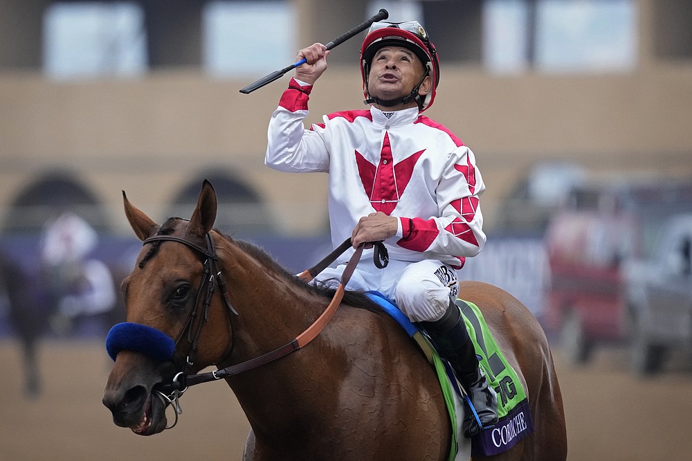 Mike Smith celebrates atop Corniche after winning the Breeders' Cup Juvenile race at the Del Mar racetrack in Del Mar, Calif., Friday, Nov. 5, 2021. (AP Photo/Jae C. Hong)