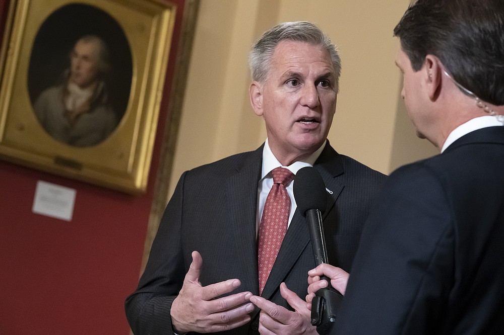 House Minority Leader Kevin McCarthy, R-Calif., speaks during a television interview as the House considers President Joe Biden's $1.85 trillion-and-growing domestic policy package, at the Capitol in Washington, Friday, Nov. 5, 2021. (AP Photo/J. Scott Applewhite)