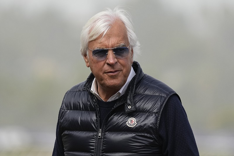 Horse trainer Bob Baffert looks on prior to the Breeders' Cup horse races at Del Mar racetrack in Del Mar, Calif., Friday, Nov. 5, 2021. (AP Photo/Jae C. Hong)