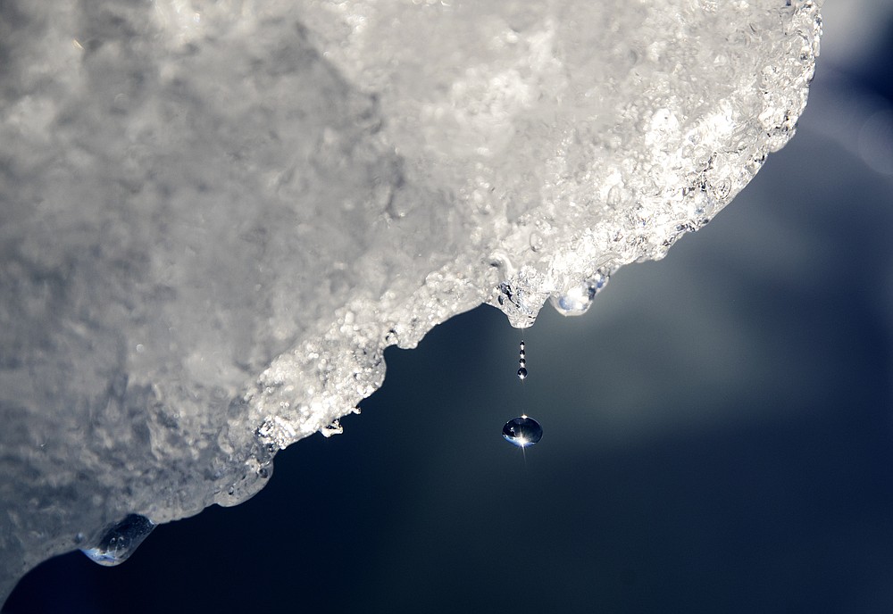 FILE - A drop of water falls off an iceberg melting in the Nuup Kangerlua Fjord in southwestern Greenland, Tuesday Aug. 1, 2017. The difference between what happens at 1.5 degrees and 2 degrees can hit the Arctic harder than the rest of the world, University of Alaska Fairbanks climate scientist John Walsh. “We can save the Arctic, or at least preserve it in many ways, but we’re going to lose that if we go above 1.5.” (AP Photo/David Goldman, File)