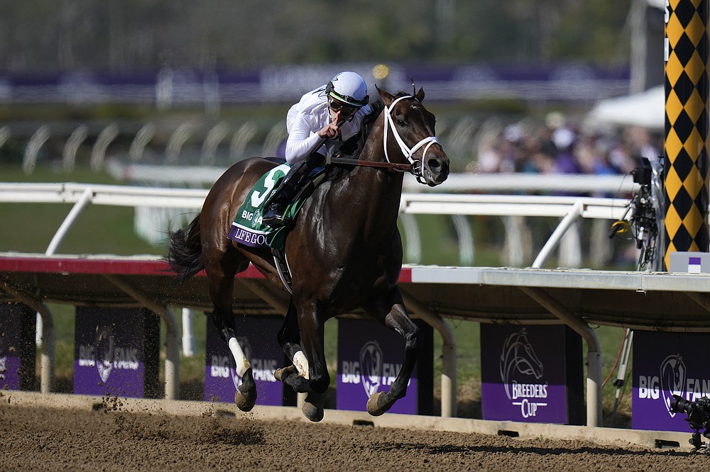 Irad Ortiz Jr. rides Life is Good to victory during the Breeders' Cup Dirt Mile race at the Del Mar racetrack in Del Mar, Calif., Saturday, Nov. 6, 2021. (AP Photo/Jae C. Hong)