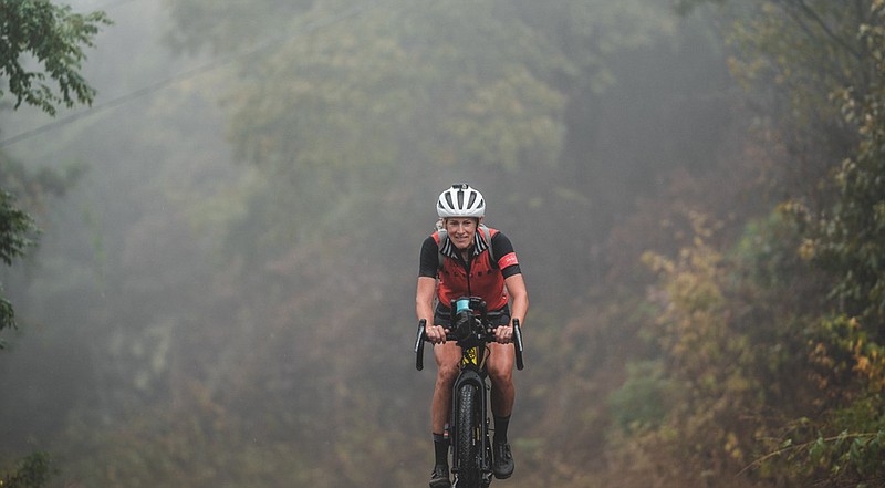 Scotti Lechuga powers up a massive and misty White Rock Mountain on her way to winning the 2021 Arkansaw High Country Race.
(Kai Caddy photo courtesy of Scotti Lechuga)