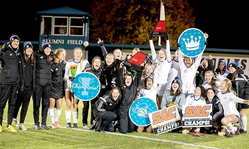 Photo courtesy of JBU Sports Information
The John Brown women's soccer team celebrates after winning the Sooner Athletic Conference tournament championship game Friday against Science and Arts (Okla.) 2-1 in double overtime at Alumni Field.